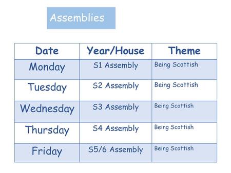 Assemblies Date Year/House Theme Monday Tuesday Wednesday Thursday