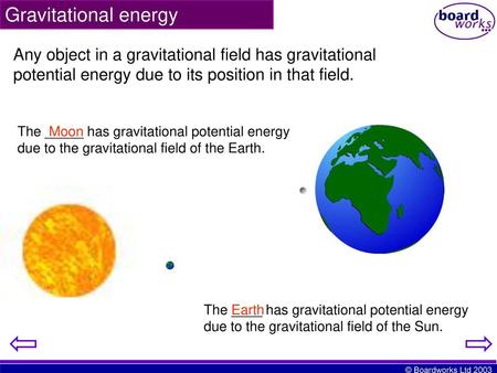 Gravitational energy Any object in a gravitational field has gravitational potential energy due to its position in that field. The _____ has gravitational.