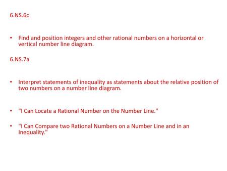 6.NS.6c Find and position integers and other rational numbers on a horizontal or vertical number line diagram. 6.NS.7a Interpret statements of inequality.