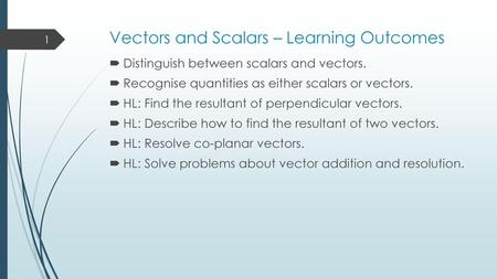 Vectors and Scalars – Learning Outcomes