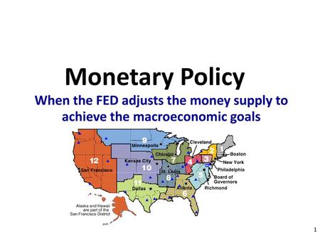 Monetary Policy When the FED adjusts the money supply to achieve the macroeconomic goals 1.