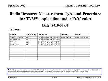 Date: Authors: February 2010 Month Year