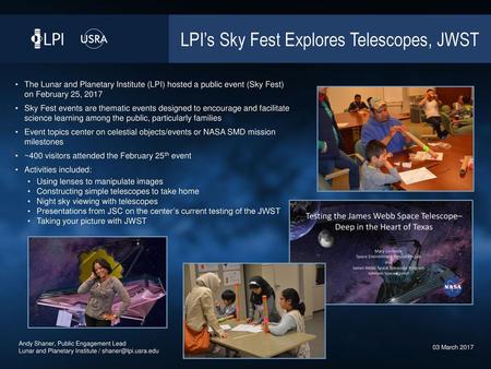 LPI’s Sky Fest Explores Telescopes, JWST