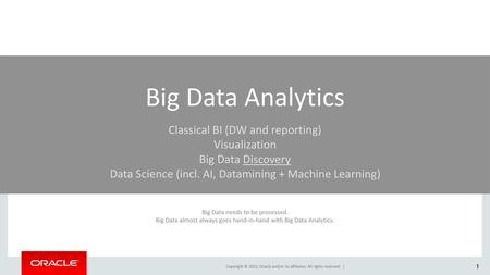 Big Data Analytics Classical BI (DW and reporting) Visualization