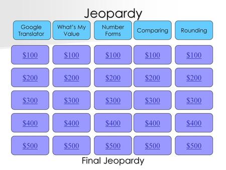 Jeopardy Final Jeopardy $100 $100 $100 $100 $100 $200 $200 $200 $200