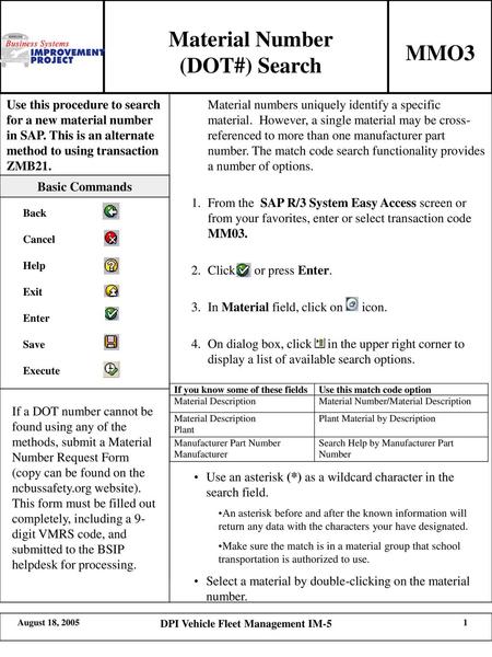 Material Number (DOT#) Search DPI Vehicle Fleet Management IM-5