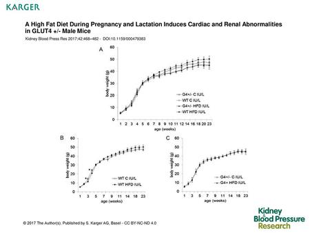 A High Fat Diet During Pregnancy and Lactation Induces Cardiac and Renal Abnormalities in GLUT4 +/- Male Mice Kidney Blood Press Res 2017;42:468–482 -