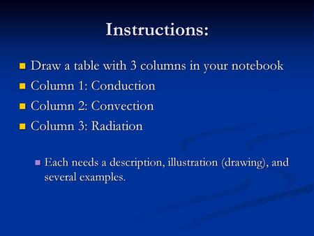 Instructions: Draw a table with 3 columns in your notebook