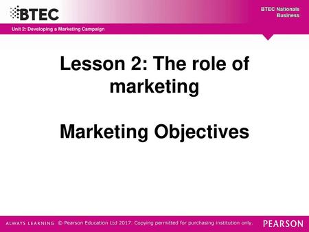 Lesson 2: The role of marketing Marketing Objectives