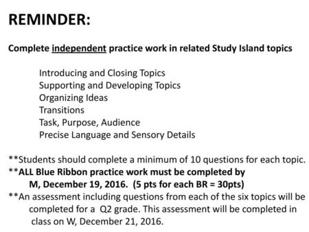 REMINDER: Complete independent practice work in related Study Island topics Introducing and Closing Topics Supporting and Developing Topics Organizing.