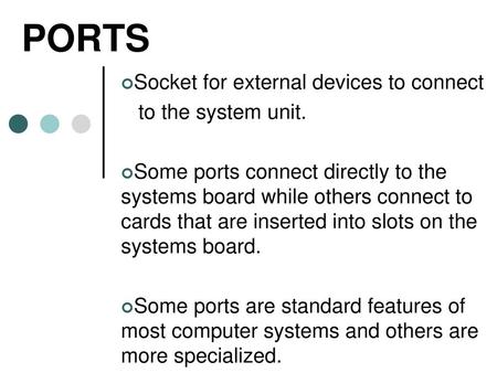 PORTS Socket for external devices to connect to the system unit.