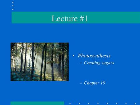 Lecture #1 Photosynthesis Creating sugars Chapter 10.