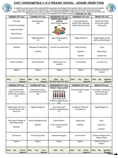 P.T.O. EAST HANNINGFIELD C of E PRIMARY SCHOOL – DINNER ORDER FORM