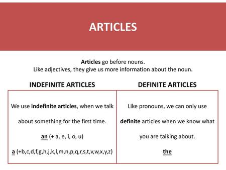 ARTICLES INDEFINITE ARTICLES DEFINITE ARTICLES