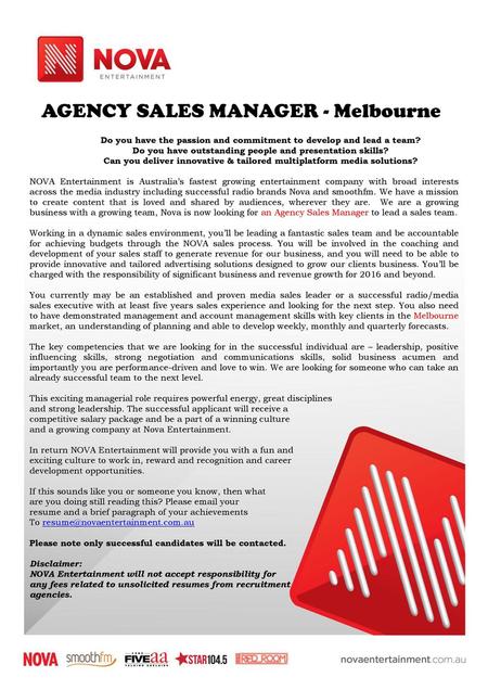 AGENCY SALES MANAGER - Melbourne