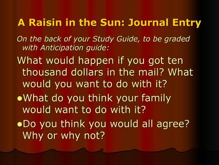 A Raisin in the Sun: Journal Entry