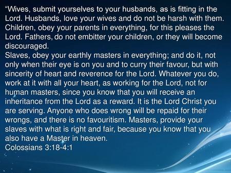 “Wives, submit yourselves to your husbands, as is fitting in the Lord