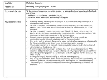 Job Title Reports to Purpose of the role Key responsibilities