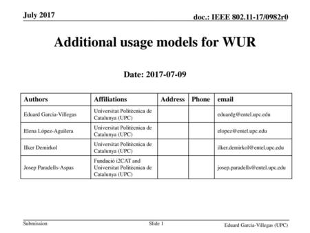 Additional usage models for WUR