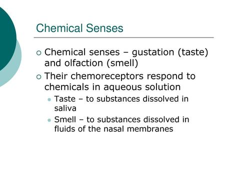 Chemical Senses Chemical senses – gustation (taste) and olfaction (smell) Their chemoreceptors respond to chemicals in aqueous solution Taste – to substances.