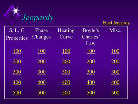 Jeopardy S, L, G Properties Phase Changes Heating Curve