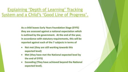 Explaining ‘Depth of Learning’ Tracking System and a Child’s ‘Good Line of Progress’. As a child leaves Early Years Foundation Stage (EYFS) they are assessed.