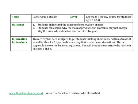 Topic Conservation of mass Level