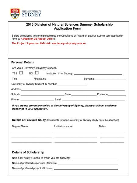 2016 Division of Natural Sciences Summer Scholarship Application Form