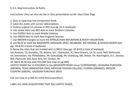 U.S.A. Map Instructions & Rubric