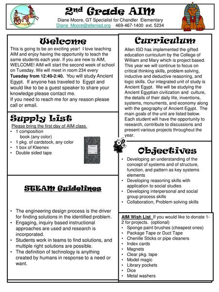 Objectives 2nd Grade AIM Welcome Curriculum Supply List