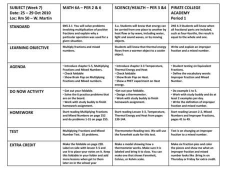 PIRATE COLLEGE ACADEMY Period 1 STANDARD