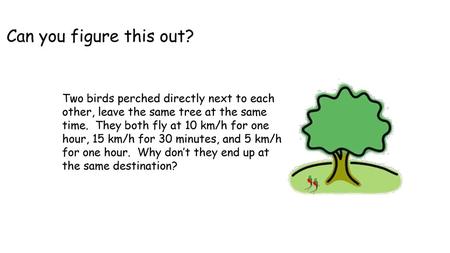 Can you figure this out? Two birds perched directly next to each other, leave the same tree at the same time. They both fly at 10 km/h for one hour, 15.