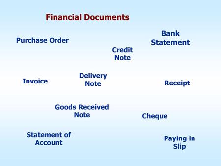 Financial Documents Bank Statement Purchase Order Credit Note