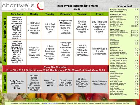 Price list Meals Week 1 Meals Week 2 Each Week