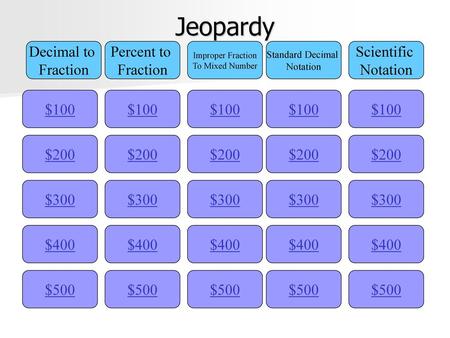 Jeopardy Decimal to Fraction Percent to Fraction Scientific Notation