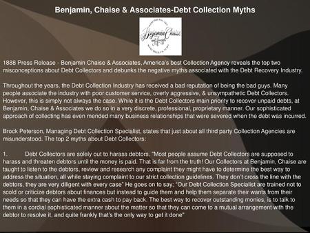 Benjamin, Chaise & Associates-Debt Collection Myths