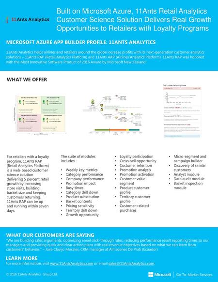 Built on Microsoft Azure, 11Ants Retail Analytics Customer Science Solution Delivers Real Growth Opportunities to Retailers with Loyalty Programs MICROSOFT.