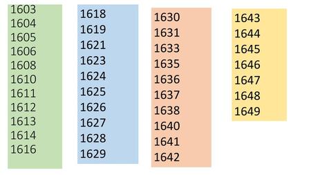 1603 1604 1605 1606 1608 1610 1611 1612 1613 1614 1616 1618 1619 1621 1623 1624 1625 1626 1627 1628 1629 1630 1631 1633 1635 1636 1637 1638 1640 1641 1642.