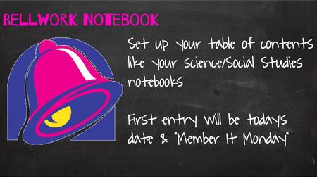 Bellwork Notebook Set up your table of contents like your science/Social Studies notebooks First entry will be today’s date & “Member It Monday”