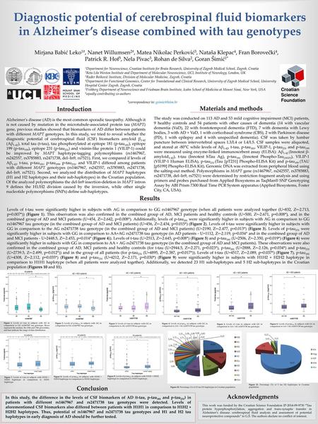 Diagnostic potential of cerebrospinal fluid biomarkers in Alzheimer’s disease combined with tau genotypes Mirjana Babić Leko1#, Nanet Willumsen2#, Matea.