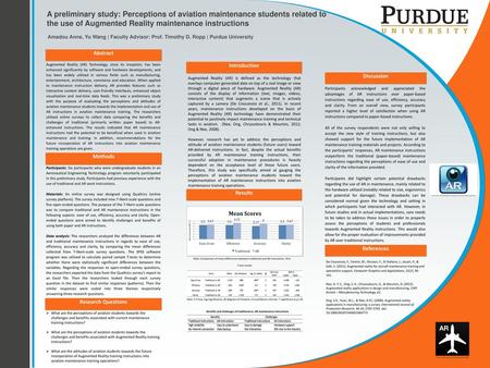   A preliminary study: Perceptions of aviation maintenance students related to the use of Augmented Reality maintenance instructions Amadou Anne, Yu Wang.