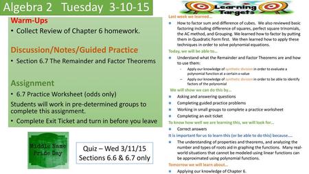 Algebra 2 Tuesday Discussion/Notes/Guided Practice Assignment