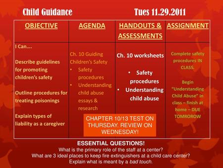 Child Guidance Tues OBJECTIVE AGENDA HANDOUTS & ASSESSMENTS