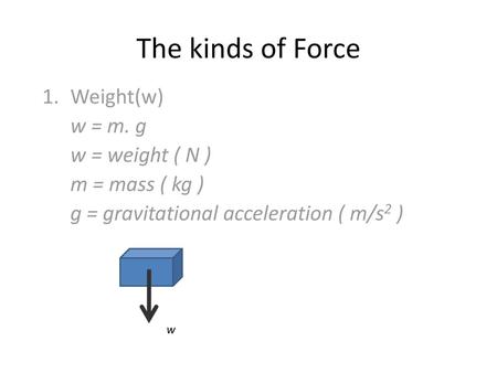 The kinds of Force Weight(w) w = m. g w = weight ( N ) m = mass ( kg )