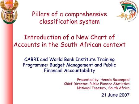 Pillars of a comprehensive classification system Introduction of a New Chart of Accounts in the South African context CABRI and World Bank Institute.