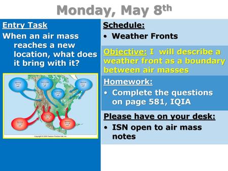 Monday, May 8th Entry Task When an air mass reaches a new location, what does it bring with it? Schedule: Weather Fronts Objective: I will describe a.