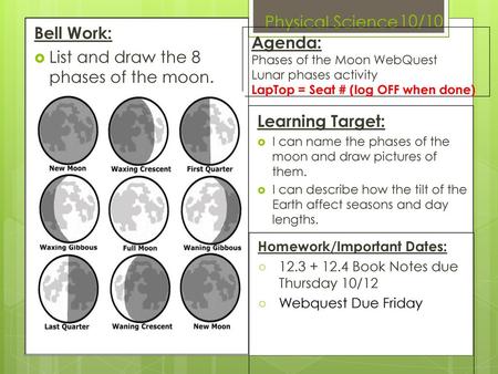 List and draw the 8 phases of the moon. Agenda: