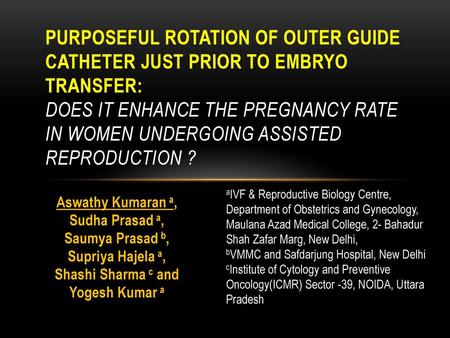 Purposeful rotation of outer guide catheter just prior to embryo transfer: 		 Does it enhance the pregnancy rate in women undergoing assisted reproduction.