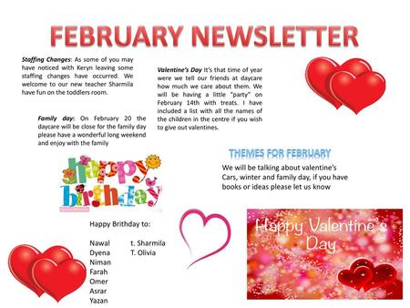 FEBRUARY NEWSLETTER Themes for february