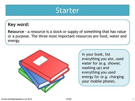 Starter Key word: Resource – a resource is a stock or supply of something that has value or a purpose. The three most important resources are food, water.